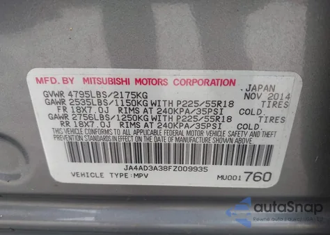 2015 Mitsubishi Outlander Se from USA, damaged, VIN JA4AD3A38FZ009935